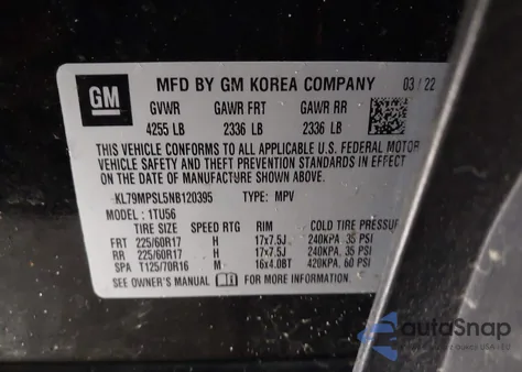 2022 Chevrolet Trailblazer Lt z USA, uszkodzony, nr VIN KL79MPSL5NB120395